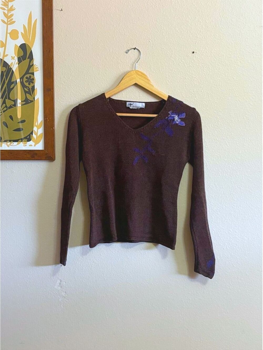 Brown Knit with Purple Floral Embroidered V-Neck Sweater XS S Whimsygoth